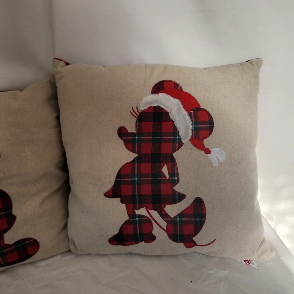 Set Of 2 Mickey Mouse Christmas Throw Pillows Santa Mrs Claus Brown Plaid Red